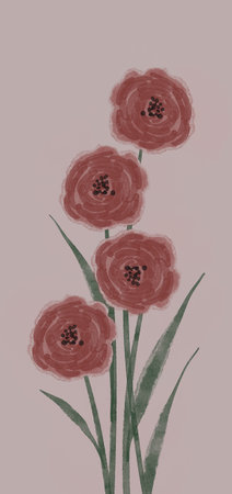 Watercolor illustration of red poppies on a pink background for wallpaper backgroundの写真素材