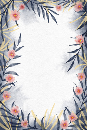 Watercolor floral frame borders background. Hand painted watercolor flowers and leaves for wallpaper backgroundの写真素材