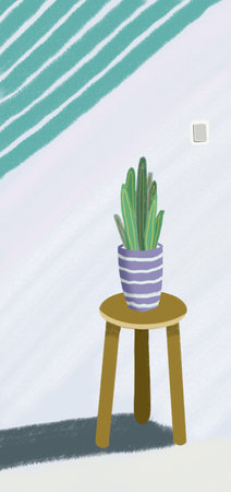 Illustration of a wooden stool with a cactus in a pot for wallpaper backgroundの写真素材