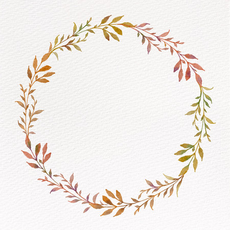 Watercolor floral wreath. Round frame with autumn leaves. Hand drawn illustration.の写真素材