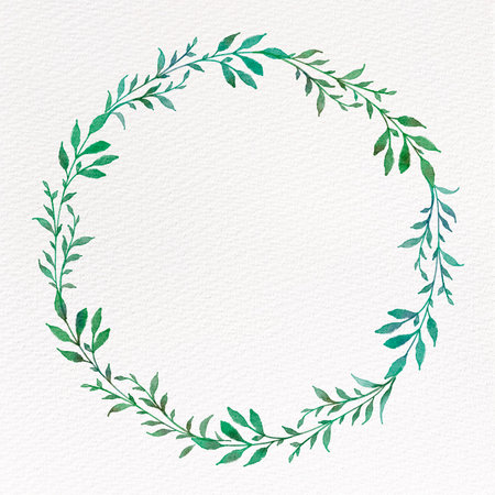 Hand drawn watercolor wreath with green leaves on white paper backgroundの写真素材