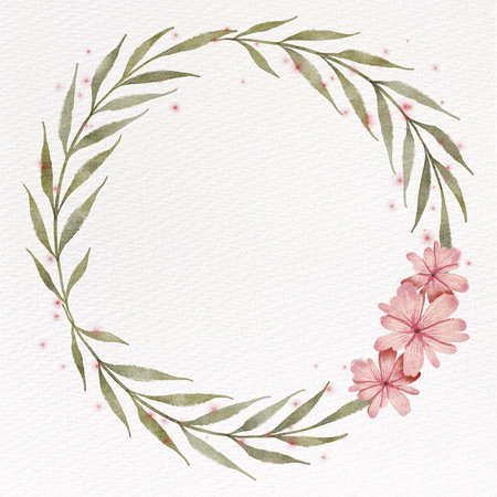Watercolor floral wreath with flowers and leaves on a white background.の写真素材