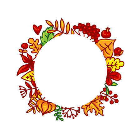 Autumnal round frame. Wreath of autumn leaves. Background with hand drawn autumn leaves. Fall of the leaves. Sketch, design elements. Vector illustration.のイラスト素材