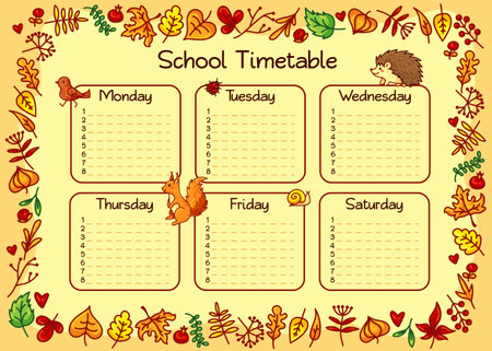 Autumn school timetable for kids. Cute weekly planner, organizer and school schedule vector template with autumn elements, fallen colorful leaves, hedgehog, squirrel, bird, snail and ladybug.のイラスト素材