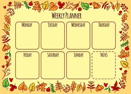 Cute weekly planner vector template with autumn elements, fallen green, yellow, orange and red leaves, berries and branches. Organizer and schedule with place for notes.のイラスト素材