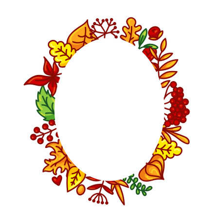Seasonal ellipse autumn hand drawn vector frame. Fall decorative border with red, orange, yellow and green leaves, berries and place for text or photo. Forest leafage for social media posts banner.のイラスト素材