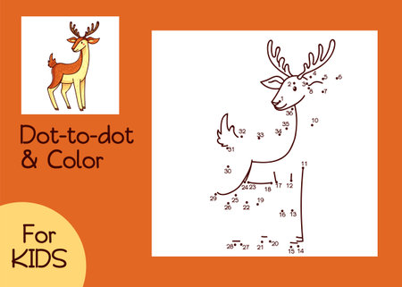Dot-to-dot and coloring game with deer. Educational games for kids with cute cartoon character. Numbers game with contour. Math worksheet for kindergarten, preschool.のイラスト素材