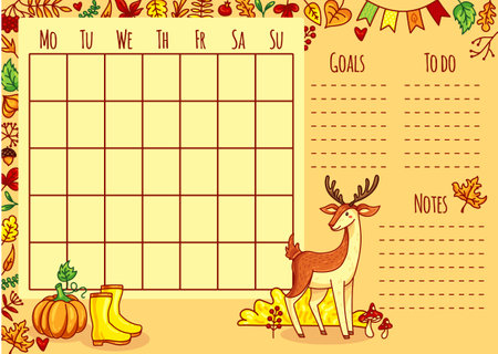 Cute monthly planner vector template with autumn elements, deer, pumpkin, rubber boots, fallen colorful leaves, berries and mushrooms. Organizer and schedule with place for notes, goals and to do listのイラスト素材