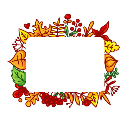 Seasonal rectangle autumn hand drawn vector frame. Fall decorative border with red, orange, yellow and green leaves, berries and place for text or photo. Forest leafage for social media posts banner.のイラスト素材