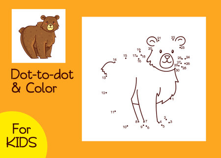 Dot-to-dot and coloring game with bear. Educational games for kids with cute cartoon character. Numbers game with contour. Math worksheet for kindergarten, preschool.のイラスト素材