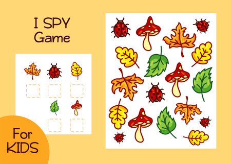 Autumn I spy game for kids. Searching and counting activity for preschool children with colorful autumn elements. Funny printable worksheet for kids. Simple spotting puzzle. Math game for kids.のイラスト素材