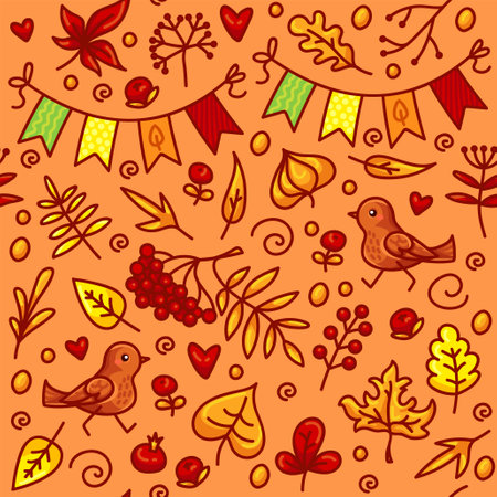 Hand-drawn autumn harvest festival vector seamless pattern with birds, holiday flags, red, orange and yellow leaves, berries, rowan. Suitable for the design of packaging, paper, prints, fabrics.のイラスト素材