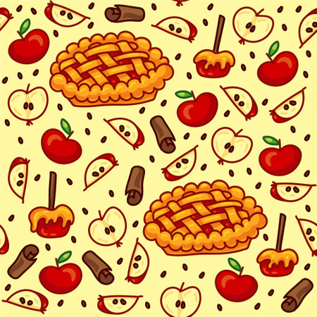 Hand-drawn autumn harvest vector seamless pattern with red apples, apple slices and seeds, caramel apples, apple pies and cinnamon. Suitable for the design of packaging, paper, prints, fabrics.のイラスト素材