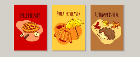 Autumn cozy mood, three postcard template. Childish card with apple pie, sweater, socks, umbrella, hedgehog and autumn leafs. Vector illustration in cartoon style.のイラスト素材