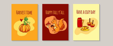 Autumn cozy mood, three postcard template. Childish card with pumpkin, squirrel, acorn, amanita mushroom, tea and caramel apple. Vector illustration in cartoon style.のイラスト素材