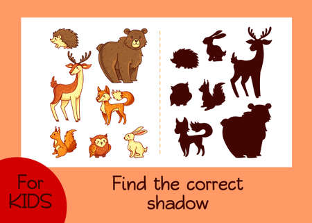 Find the correct shadow game for kids with cartoon forest animals - bear, deer, fow, squirrel, hare, owl and hedgehog. Educational logic game printable worksheets for kindergarten, preschool.のイラスト素材