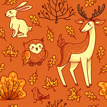 Hand-drawn autumn forest vector seamless pattern with deer, hare, owl, bird, orange maple and oak leaves and bushs. Suitable for the design of kid packaging, paper, prints, fabrics.のイラスト素材