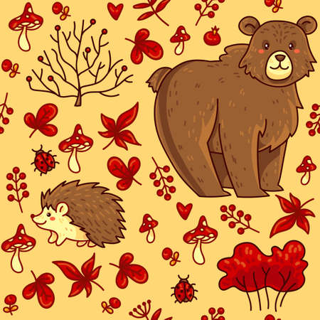 Hand-drawn autumn forest vector seamless pattern with bear, hedgehog, ladybug, red leaves, mushrooms fly agarics and bushs. Suitable for the design of kid packaging, paper, prints, fabrics.のイラスト素材