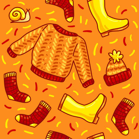 Hand-drawn autumn hygge style clothes vector seamless pattern with snail, sweater, socks, rubber boots and hat. In orange color. Suitable for the design of packaging, paper, prints, fabrics.のイラスト素材
