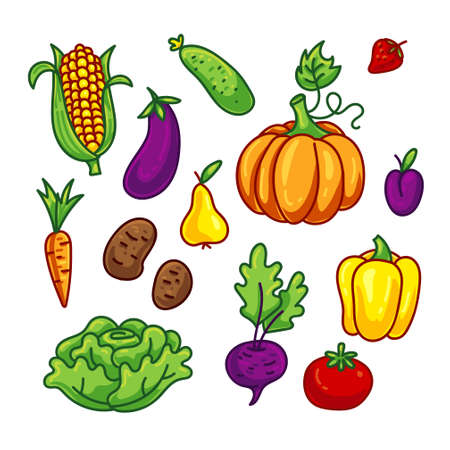 Cartoon vegetable set. Bundle - cute pumpkin, corn, cabbage cucumber, carrot, tomato, pepper, strawberry, pear, plum, potato, beet for kids. Vector food illustration isolated on white background.のイラスト素材