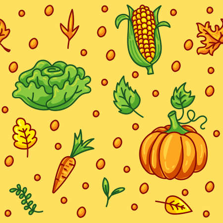 Hand-drawn autumn harvest vector seamless pattern with corn, pumpkin, carrot, cabbage and autumn colorful leaves. Suitable for the design of kid packaging, paper, prints, fabrics.のイラスト素材