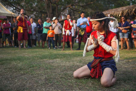 Wai Kru Ceremony on Muay Thai Festival in The Wat Phutthaisawan at Ayutthaya old city,Thailand.のeditorial素材