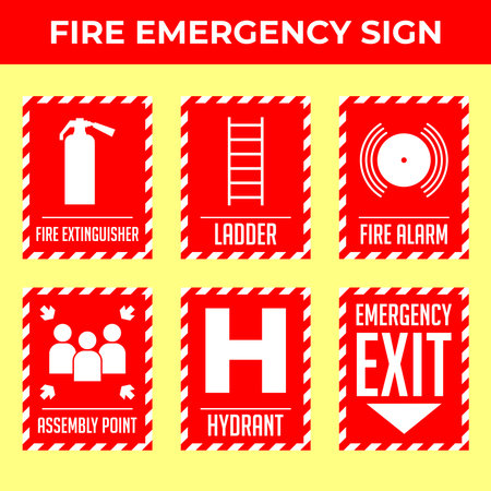 Emergency icons set. Fire extinguisher sign. Fire safety symbol.のイラスト素材