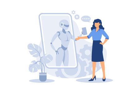 Chatbot voice controlled virtual assistant, chatbot self learning, Chatbot customer service. Smartphone voice application abstract concept vector illustration set.のイラスト素材