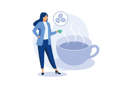 People at coffee break flat vector illustration. Tiny man and women relaxing, talking and drinking coffee. Communication and office experience conceptのイラスト素材