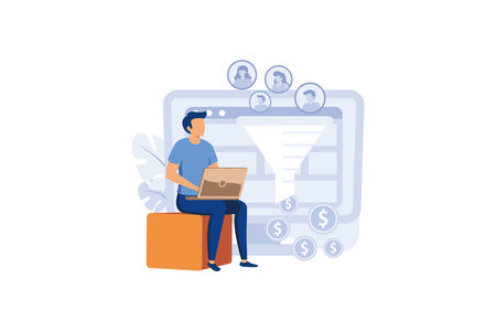 Sales funnel concept. flat people work on customer acquisition. Customers make a profit, money. Trendy flat vector style illustration on white background.のイラスト素材