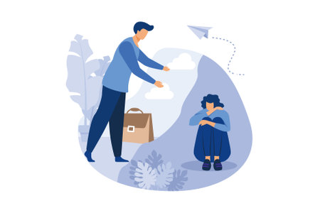 support for those under stress, a young man holds out his helping hand to another in a state of depression, mlight and dark side flat design modern illustrationのイラスト素材