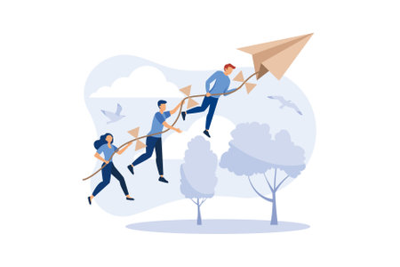 achievement concept, a company of people holding on to a thread from a paper plane, move towards the goal. flat design modern illustrationのイラスト素材