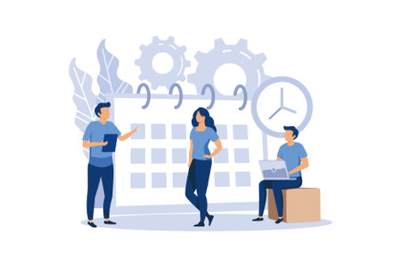 little people characters make an online schedule in the tablet. vector, design business graphics tasks scheduling on a week. flat design modern illustrationのイラスト素材