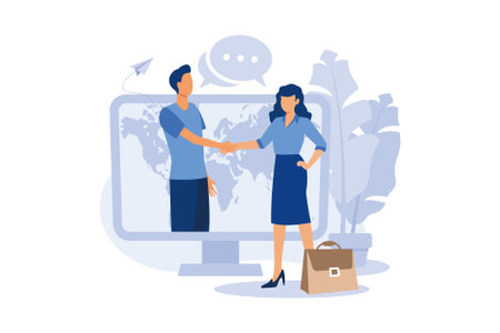 online conclusion of the transaction. the opening of a new startup. business handshake, via phone and laptop. vector illustration in a flat style flat design modern illustrationのイラスト素材