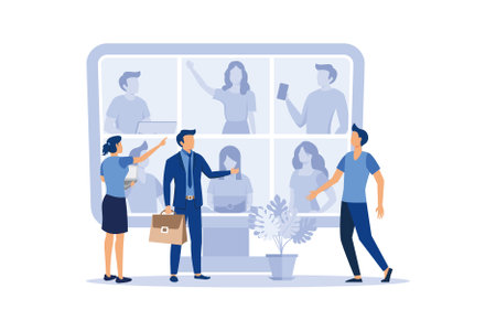 business graph, open vacancy, flat color icons, creative illustrations, businessmen reviewing...