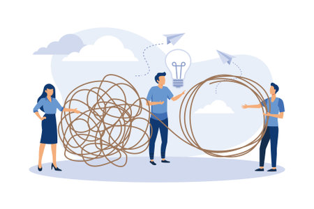 tangle tangled and unraveled. abstract metaphor, business problem solving concept, flat design modern illustrationのイラスト素材