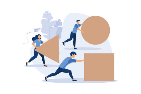 Businessman pushing sphere and leading the race against group other not so lucky guy pushing boxes. Concept of innovation in business winning strategy, vector, flat design modern illustrationのイラスト素材