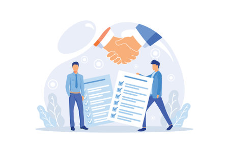 Business people sign contract concept. Characters checking agreement. Corporate document data protection, terms and conditions and privacy policy concept.のイラスト素材