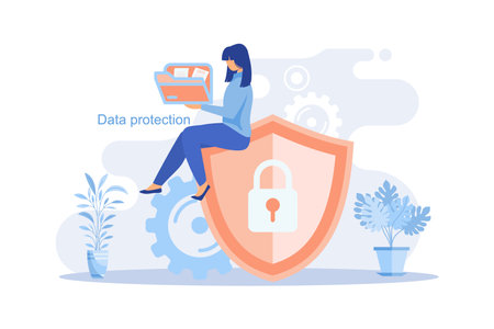Data protection Concept for web page, banner, presentation, social media, documents, cards, posters. Vector illustration Network Security, People Character, Data security and privacy conceptのイラスト素材