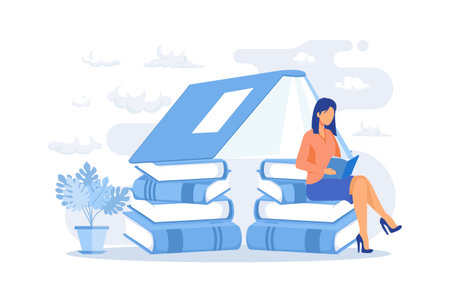 Woman reading in library. Stack of books. Sitting rest, useful leisure, smart hobby. Hardcover encyclopedia. Academic literature. Bookstore collection flat design modern illustrationのイラスト素材