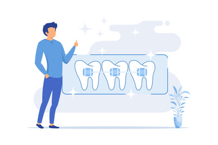 Dental procedure, braces correction method, crowded teeth treatment, orthodontic problem, teeth aligner and retainer, bracket flat design modern illustrationのイラスト素材
