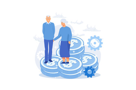 Retirement budget planning. Savings security, bank deposit safety, profitable investment. Elderly couple, pensioners saving money for future.のイラスト素材