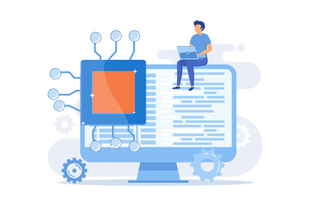 Online database, cloud disk. Data storage, information base, computer application. PC user, operator cartoon character. Information on monitor screen.のイラスト素材