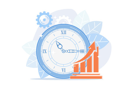 Clock and increasing chart. Workflow productivity increase, work performance optimization, efficiency indicator. Rising effectiveness metrics. Vector illustrationのイラスト素材