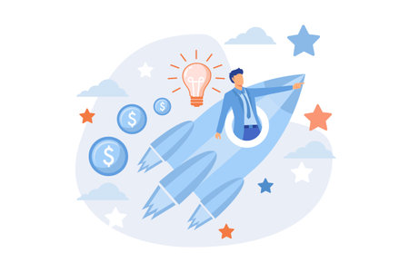 Launching business project. Innovative solutions, creative thinking, brave ideas. Businessman self motivation and professional aspirations. Vector illustrationのイラスト素材