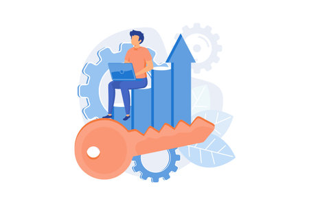 Business strategy, success key. Productivity, KPI performance, efficiency. Male analyst flat character sitting on diagram. Report analysis. Vector illustrationのイラスト素材