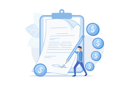 Man with pen writing signature on document. Licensing signing, pact arrangement, business agreement. Businessman making money deal cartoon character. Vector ILLUSTRATIONのイラスト素材