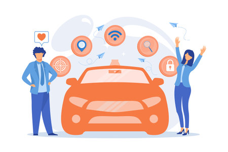 Businessman likes autonomous driverless car with smart technology icons. Autonomous driving, self-driving car, future transport system concept. vector illustrationのイラスト素材