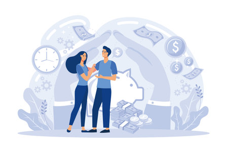 Families with children save money. Piggy bank with family money making concept.のイラスト素材