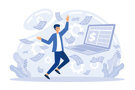 Financial analyst with magnifier looking at cash flow statement on clipboard. Cash flow statement, cash flow management, financial plan concept. flat vector illustrationのイラスト素材